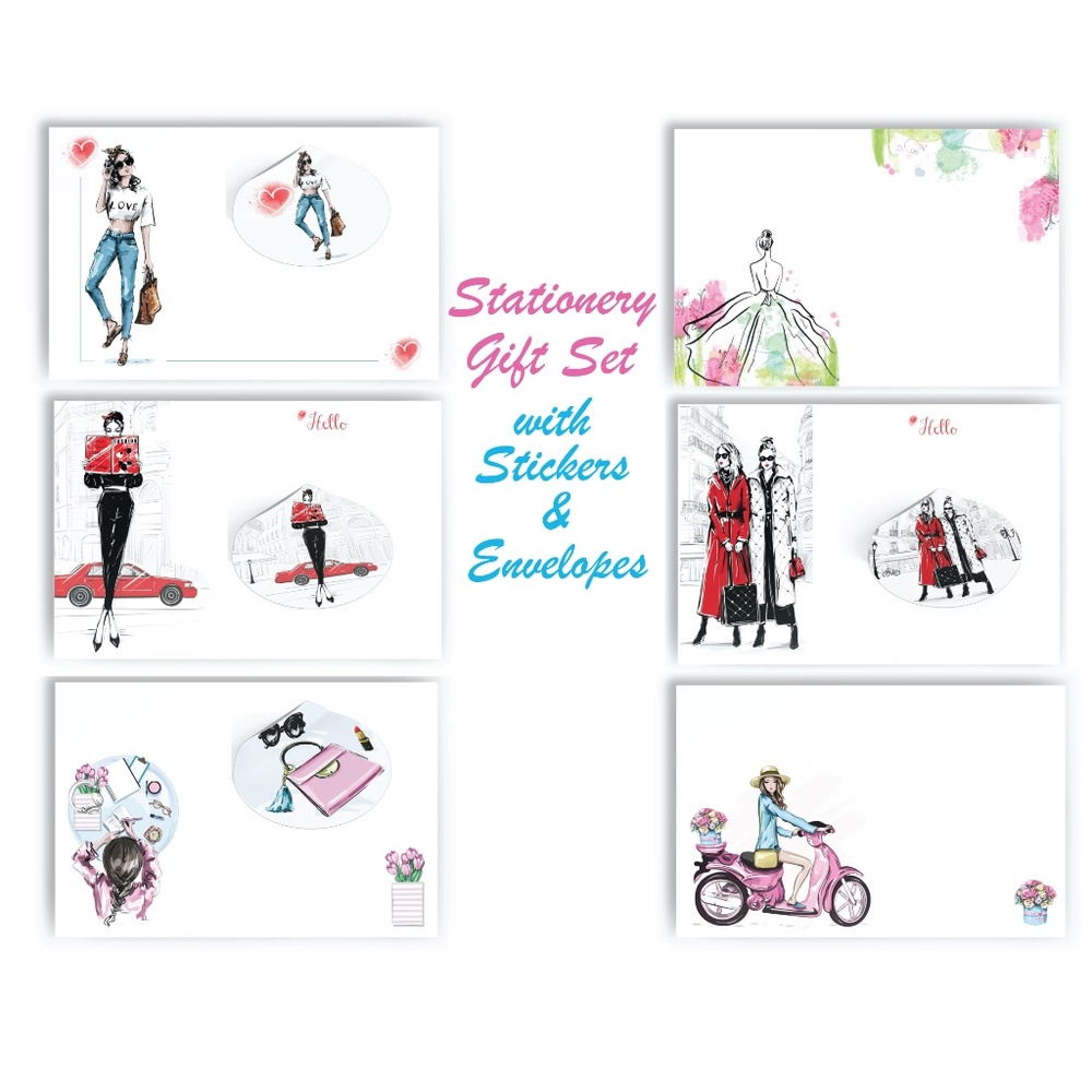 x12 Fashion Girl Stationery Gift Set with Matching Stickers and Envelopes